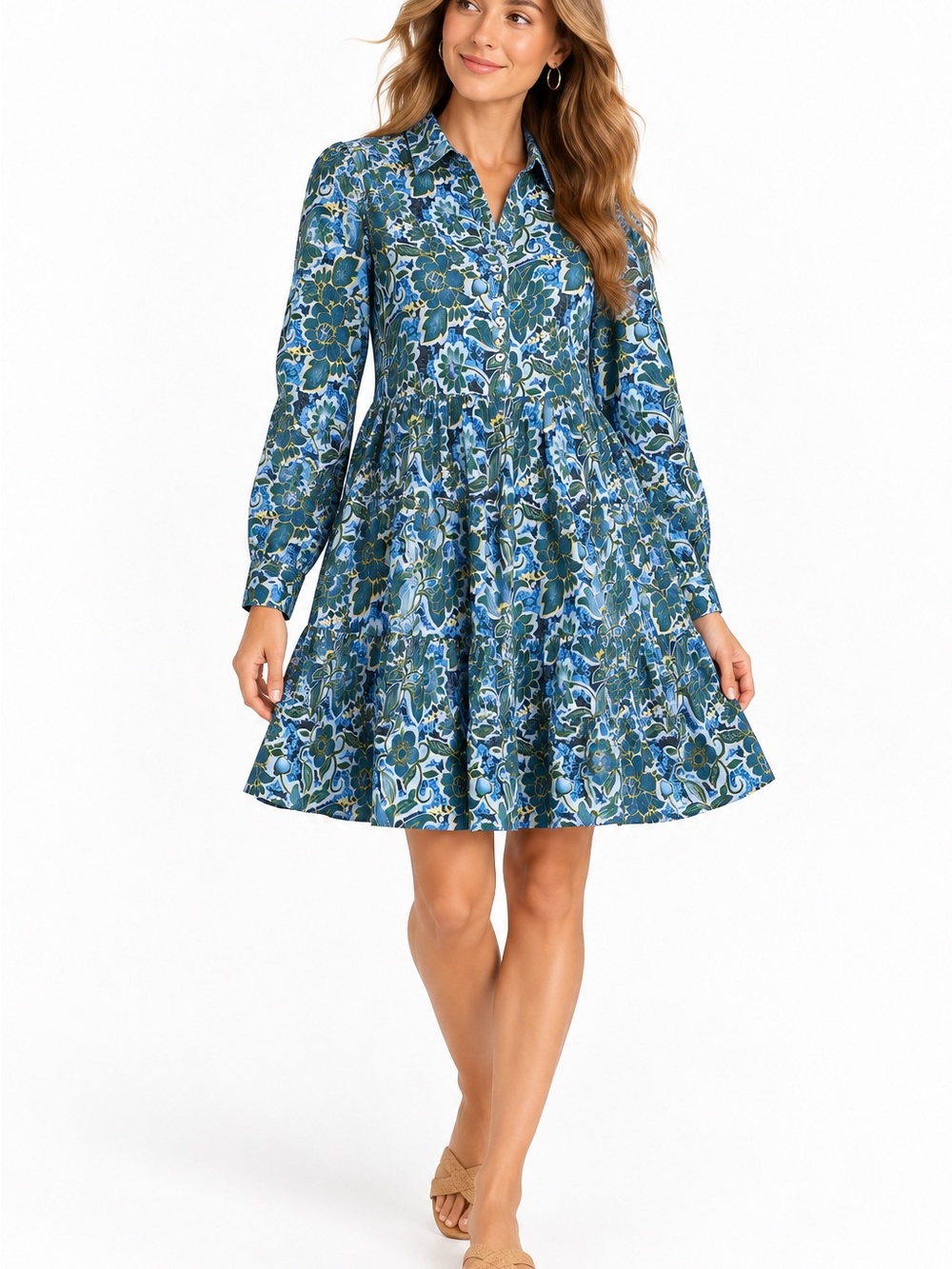 Ro's Garden Shirt Dress Womens Medium Blue Floral Tiered Mini Cotton